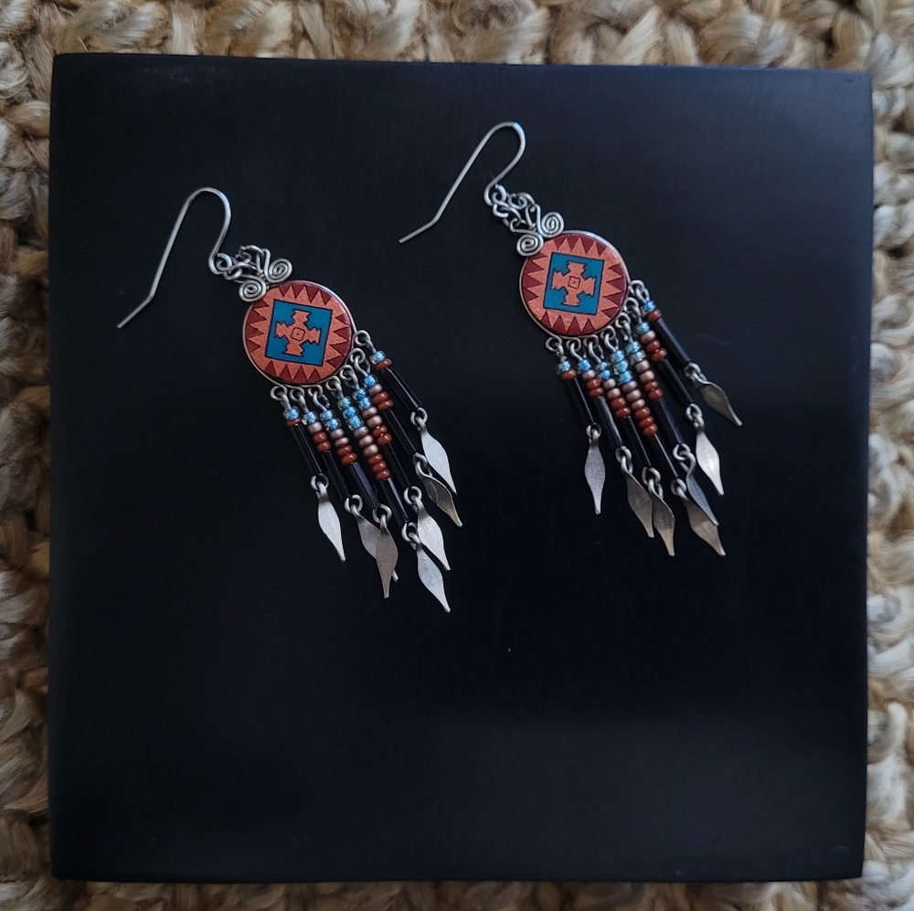 Native style beaded dreamcatcher fish hook back earrings